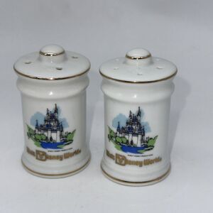Vintage 70’Walt Disney World Castle Scene Gold Trim Salt & Pepper Shakers, Japan